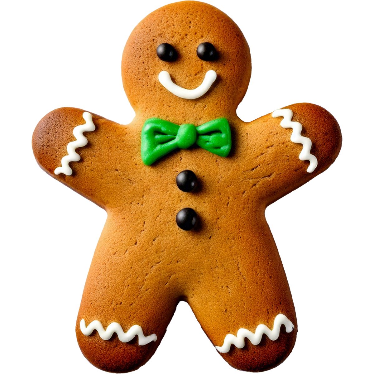 Närbild på en dekorerad pepparkaksgubbe med grön fluga, vita detaljer och svart knappdekor.