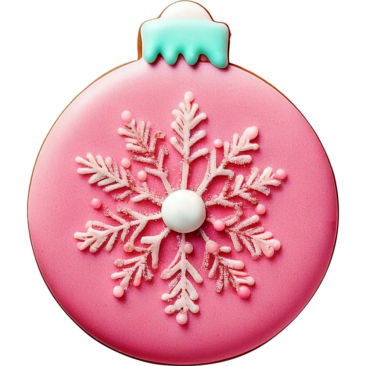 Dekorerad kaka i form av julkula med rosa glasyr och snöflinga