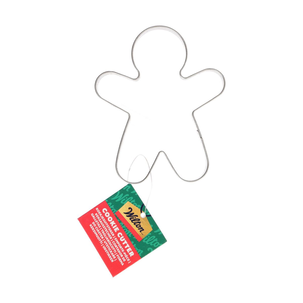 Wilton pepparkaksform föreställande en pepparkaksgubbe, i metall med rödgrön etikett.