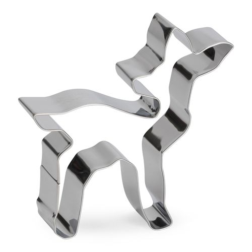 Pepparkaksform i rostfritt stål formad som ett stående rådjur, mot vit bakgrund.