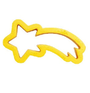 Gul pepparkaksform i plast formad som ett stjärnfall mot vit bakgrund