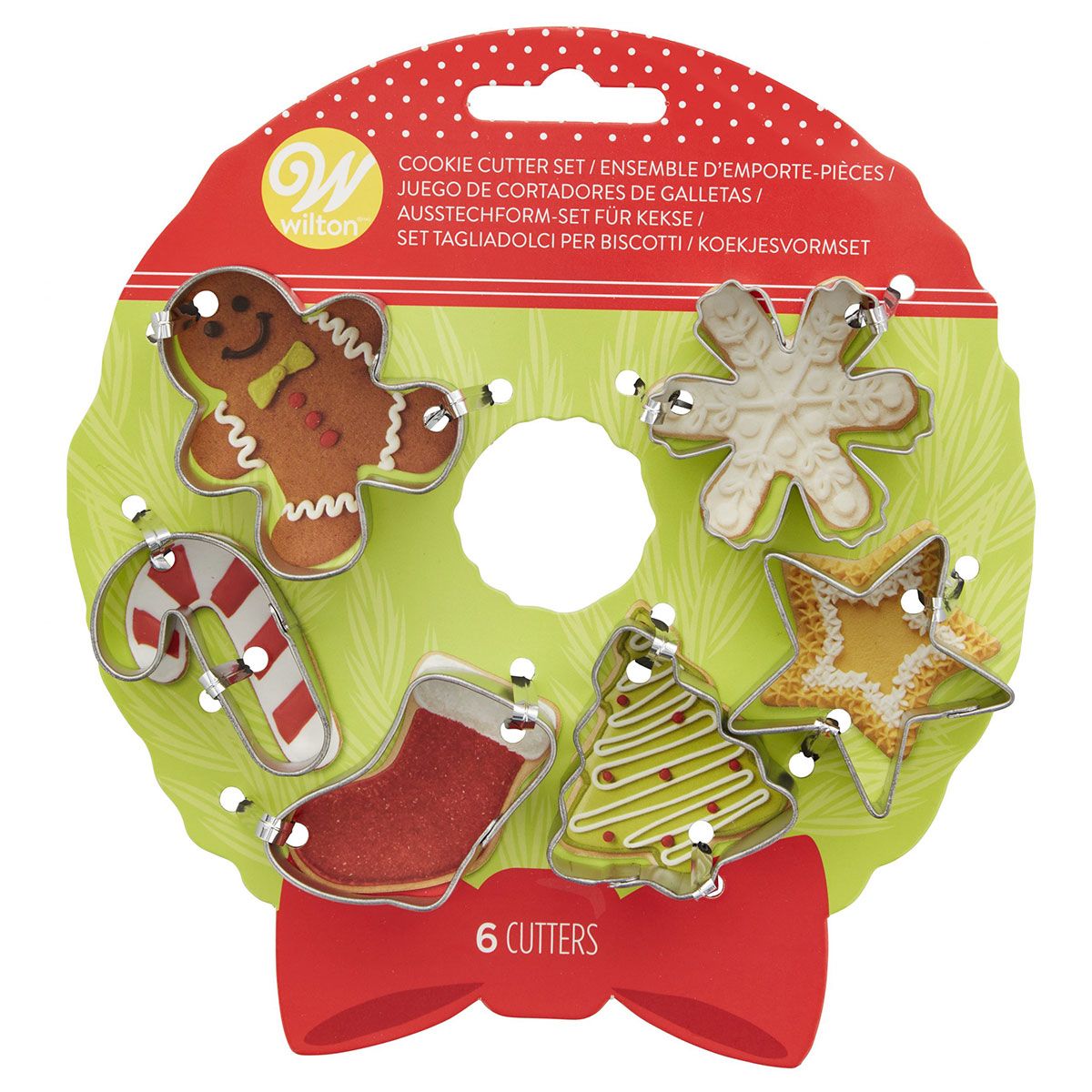 6-pack små pepparkaksformar, pepparkaksgubbe, polkagris, julstrumpa, julgran, stjärna och snöflinga