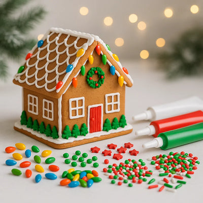 Pepparkakshus dekorerat med kristyr och färgglatt strössel samt alla tillbehör framför.