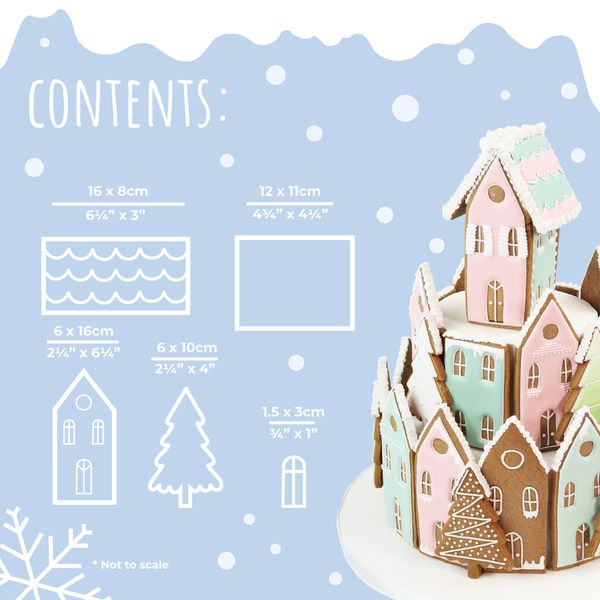 Innehållsöversikt för pepparkakshusformar bredvid färdigt dekorerat pepparkakshus