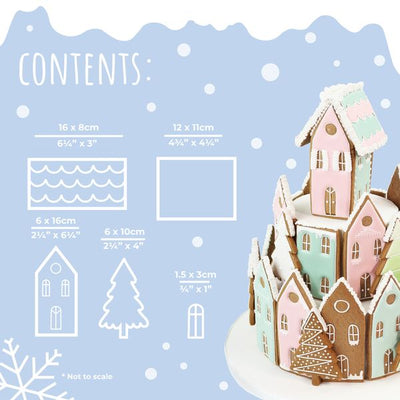 Innehållsöversikt för pepparkakshusformar bredvid färdigt dekorerat pepparkakshus