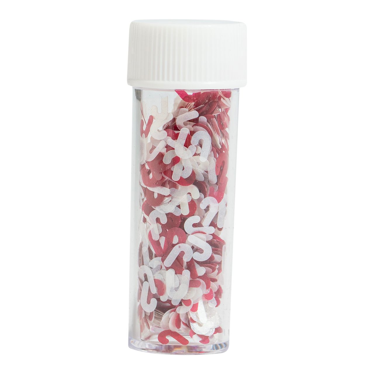Närbild på ett rör med röda och vita ätbara polkagrisströssel i glittermaterial.