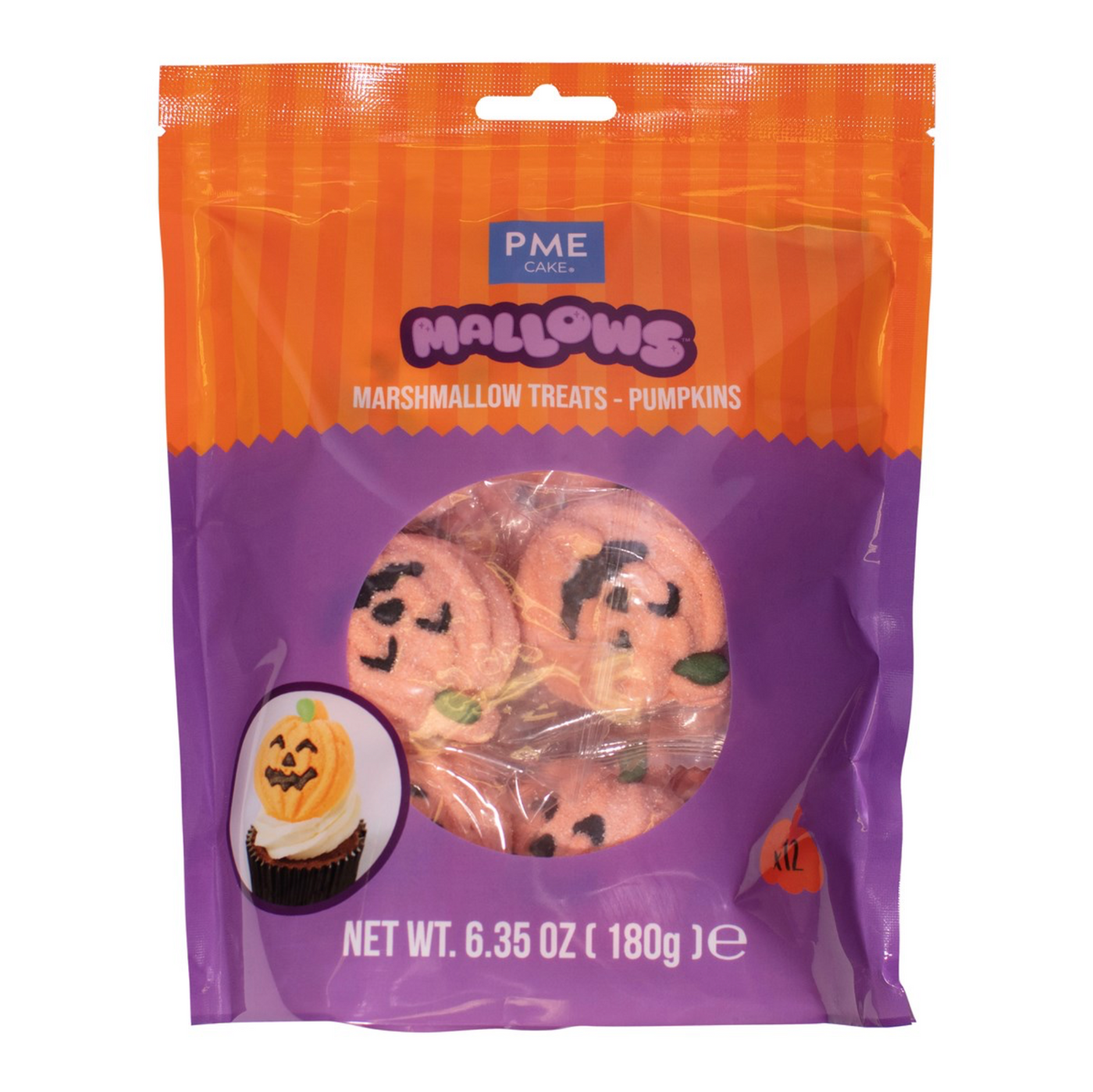 Förpackning med PME Halloween marshmallows i pumpaform, 12-pack