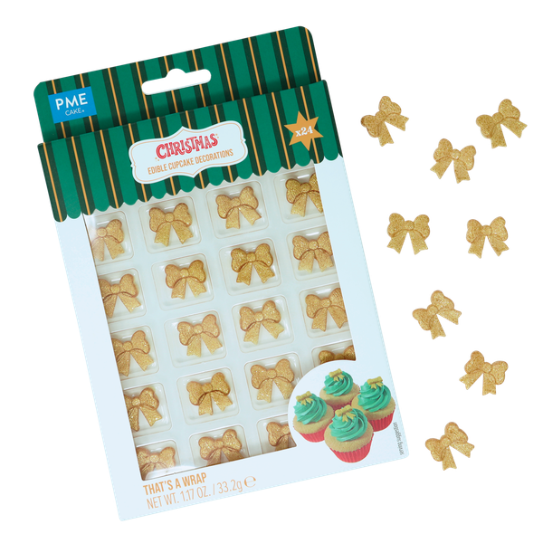 Ätbar tårtdekoration i form av guldiga rosetter