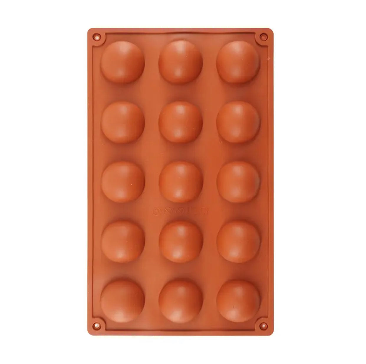 Rostbrun silikonform med 15 runda håligheter i halvklotsform för choklad, mousse eller bakverk.
