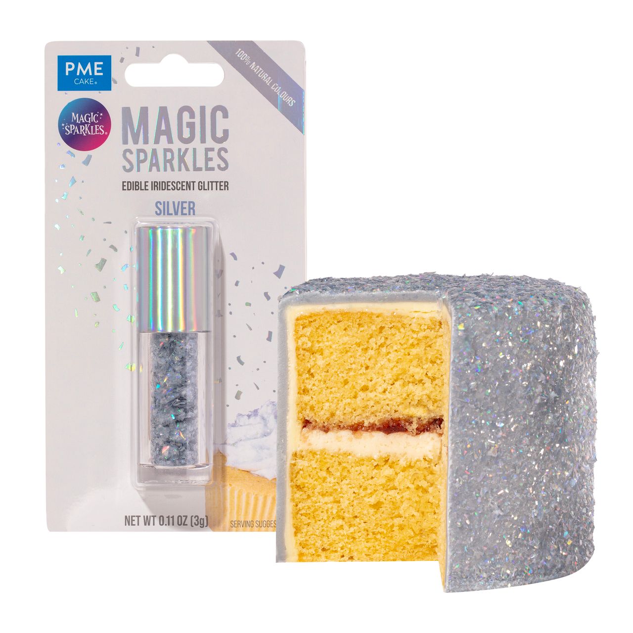 Förpackning av PME Magic Sparkles silver, ätbart iriserande glitter