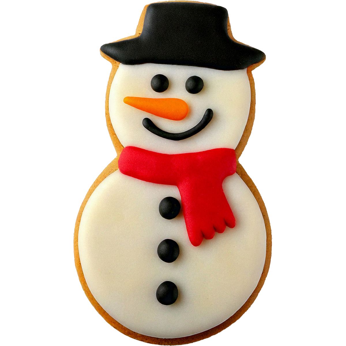 Dekorerad pepparkaka i form av snögubbe med hatt, morotsnäsa och röd scarf