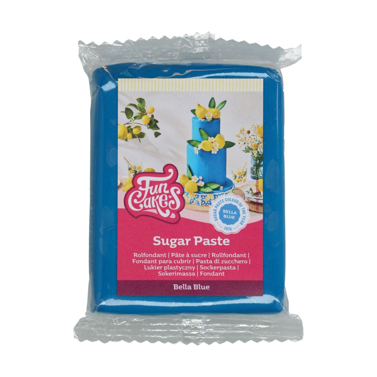 Förpackning med FunCakes sockerpasta Bella Blue 250 g