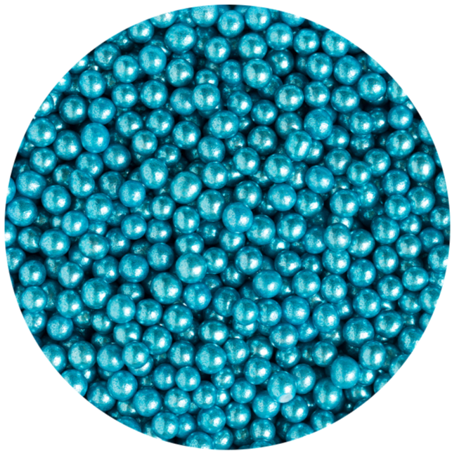 Strössel i form av blåa metallic pärlor