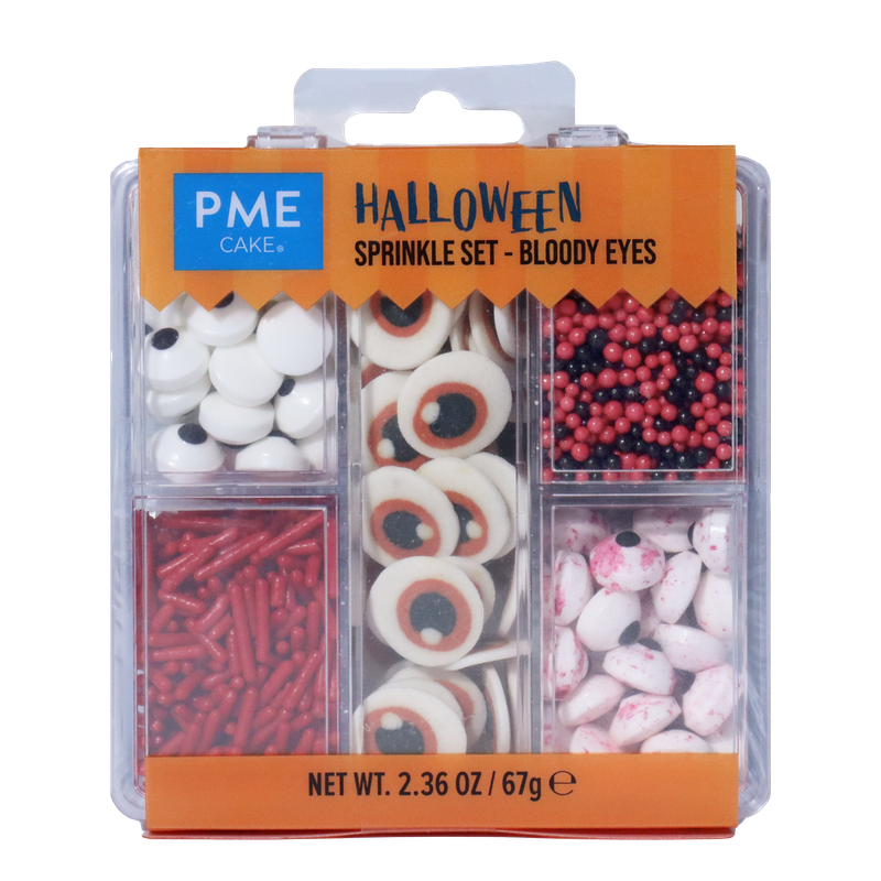 Närbild på PME Halloween strösselset med blodiga ögon, röda pinnar och svarta/röda pärlor.