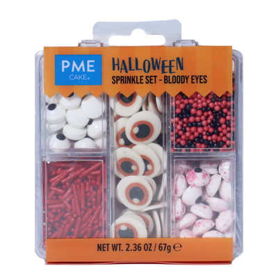 Närbild på PME Halloween strösselset med blodiga ögon, röda pinnar och svarta/röda pärlor.