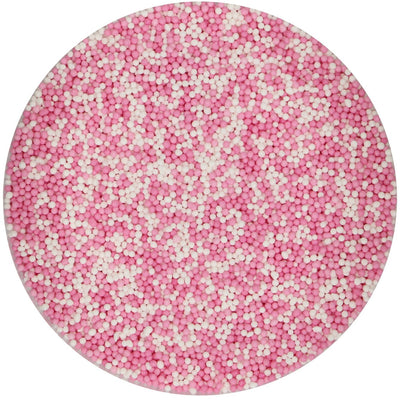 Glutenfritt strössel i form av små rosa och vita pärlor