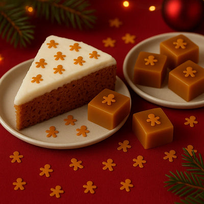 Juliga bakverk och godis dekorerade med små pepparkaksgubbar av ätbart glitter.