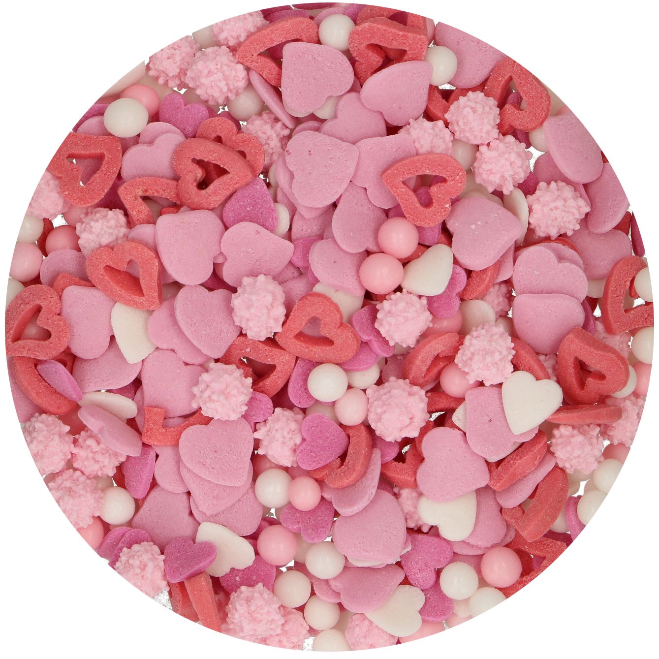 Strössel i kärlekstema med rosa, röda och vita hjärtan, pärlor och mimosa
