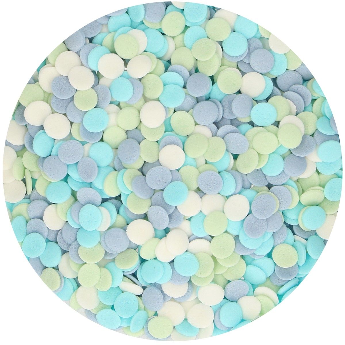 Strössel i form av gröna, vita och blåa konfetti