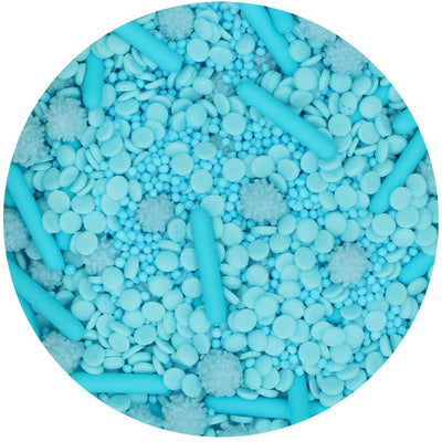 Strössel i form av ett ljusblått medly bestående av sockerstavar, konfetti, mimosa-bollar och nonpareils