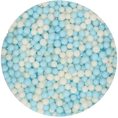 Strössel i form av blåa och vita pärlor