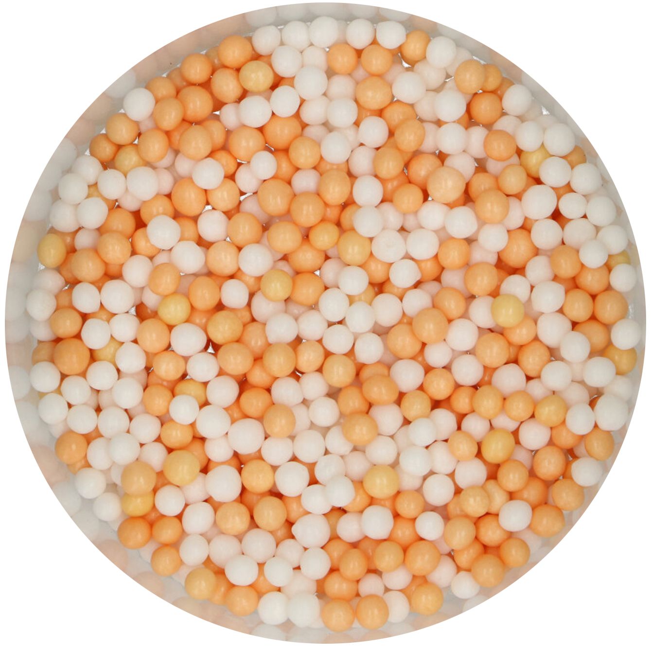 Strössel i form av vita och orangea pärlor