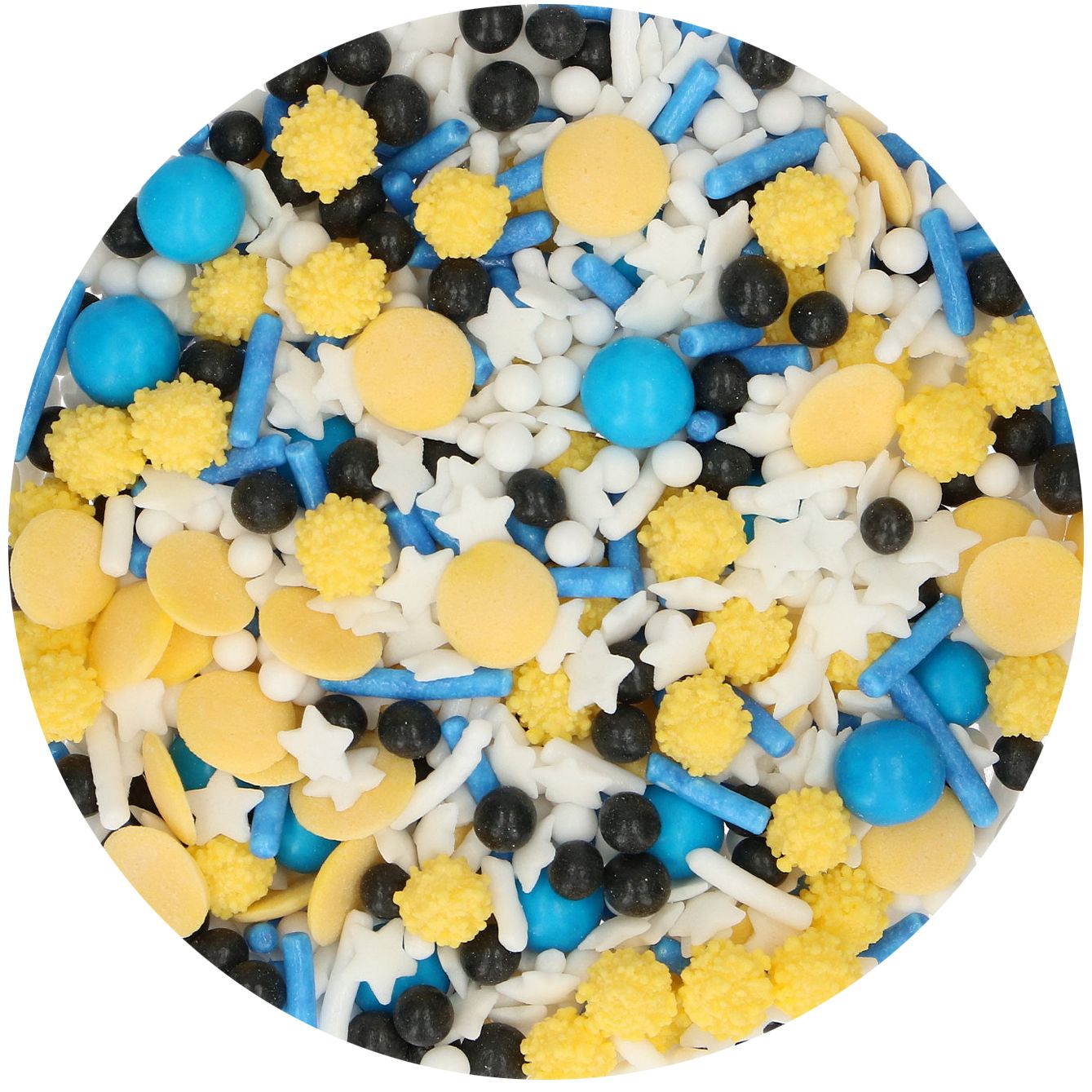 Strössel i gult, blått, vitt och svart bestående av stjärnor, pärlor, mimosa-bollar och stänger