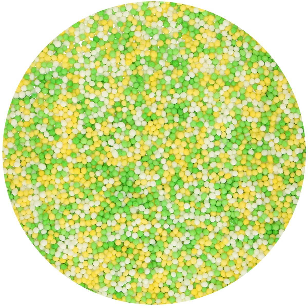 Strössel i form av gröna, vita och gula små pärlor