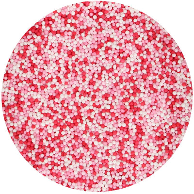Strössel i form av röda, rosa och vita små pärlor