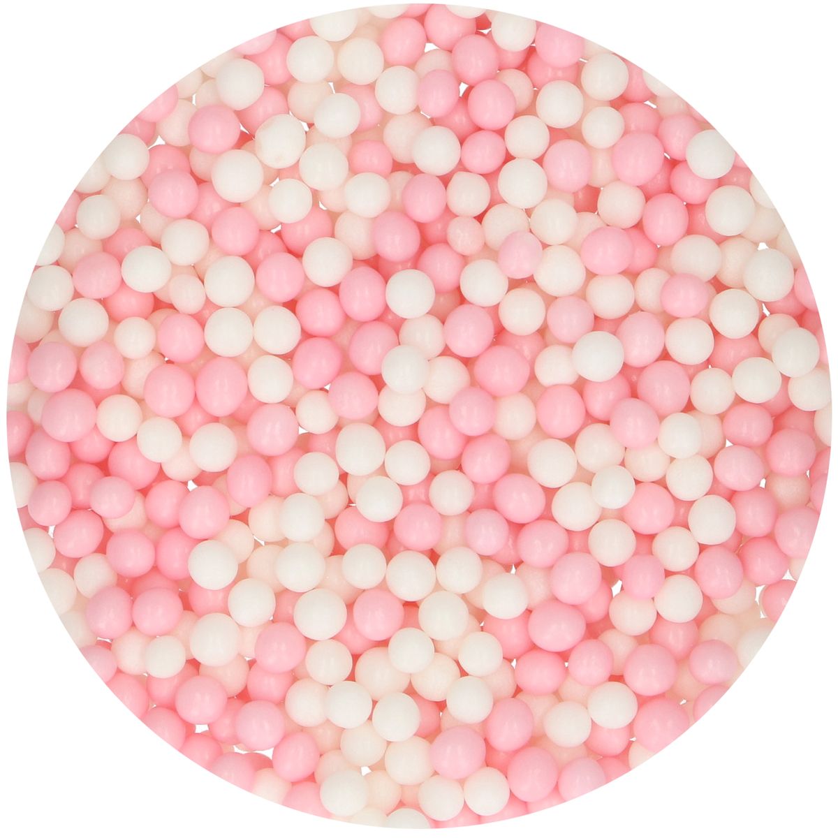 Strössel i form av rosa och vita pärlor