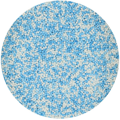 Strössel i form av små vita och blåa pärlor