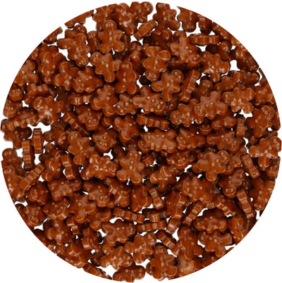 Närbild på 3D-strössel i form av små bruna pepparkaksgubbar.