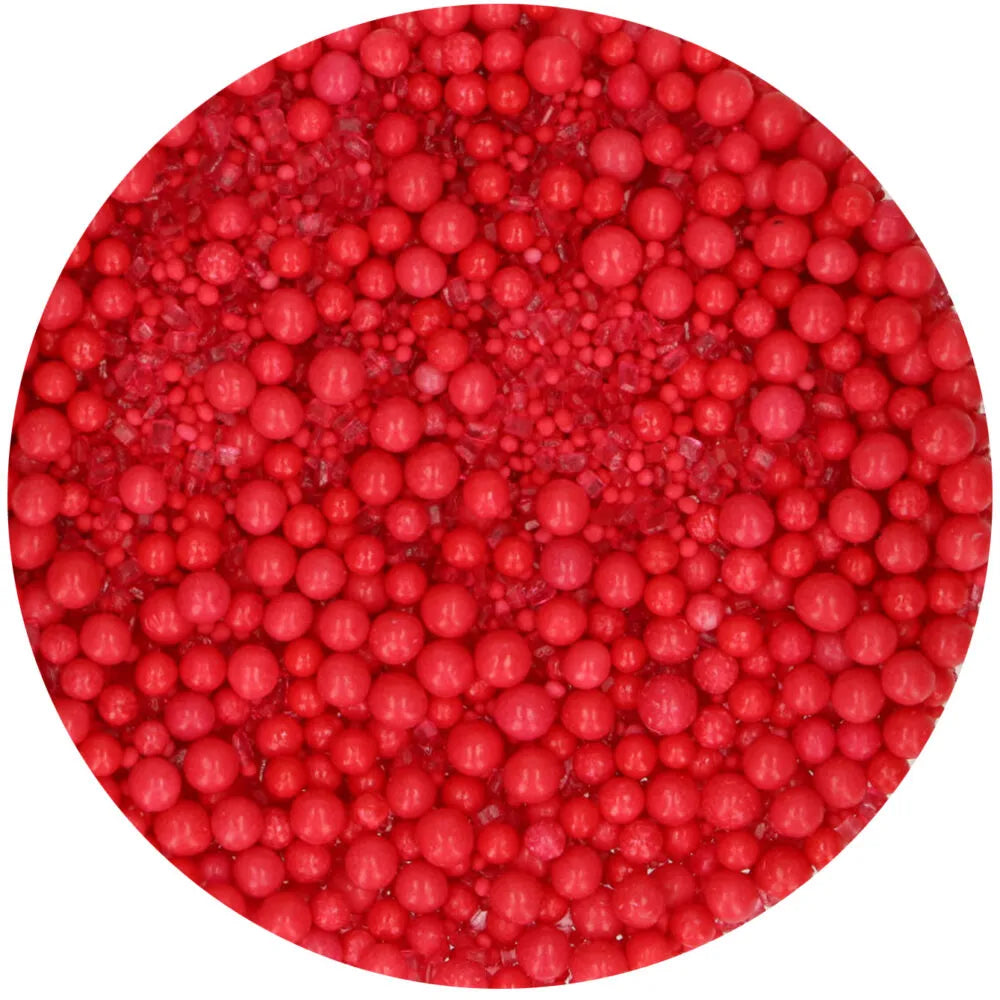 Rött strössel med pärlor, nonpareils och sockerkristaller