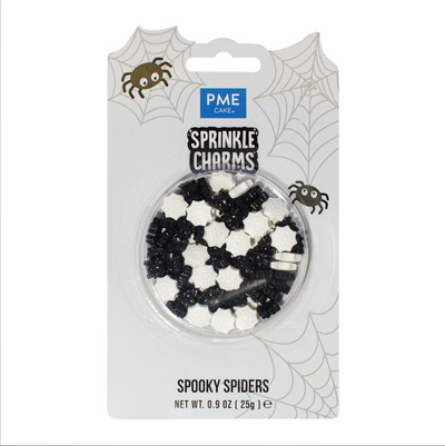 Förpackning med PME Halloween Sprinkle Charms – Spooky Spiders, svartvita ätbara spindlar och spindelnät, 25 g.