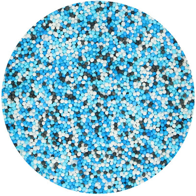 Strössel i form av blåa, vita och svarta nonpareils