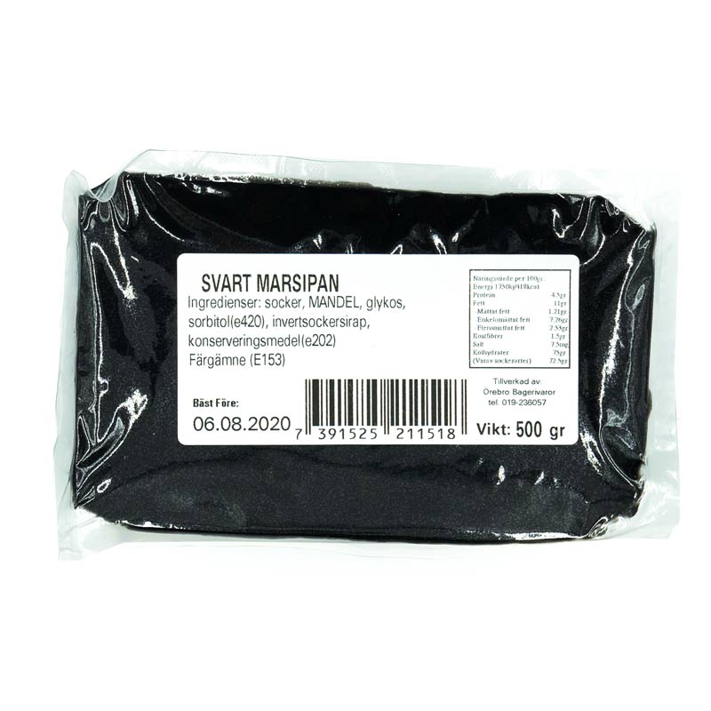Förpackning med svart marsipan 500 g från Örebro Bagerivaror
