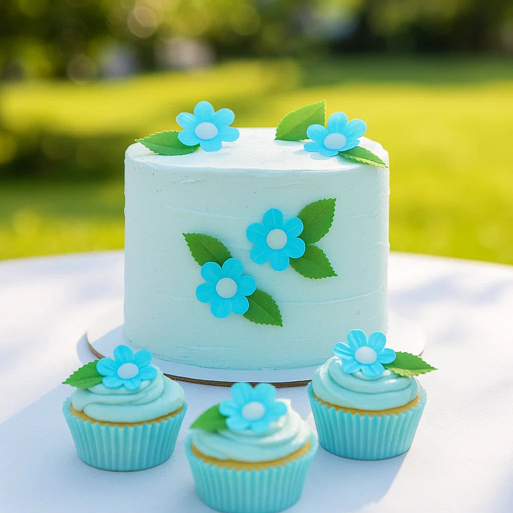 En blå tårta dekorerad med blåa ätbara blommor och gröna blad, tillverkade av waferpapper. 