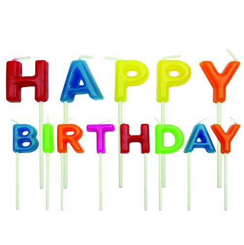 Färgglada tårtljus som tillsammans bildar texten Happy birthday