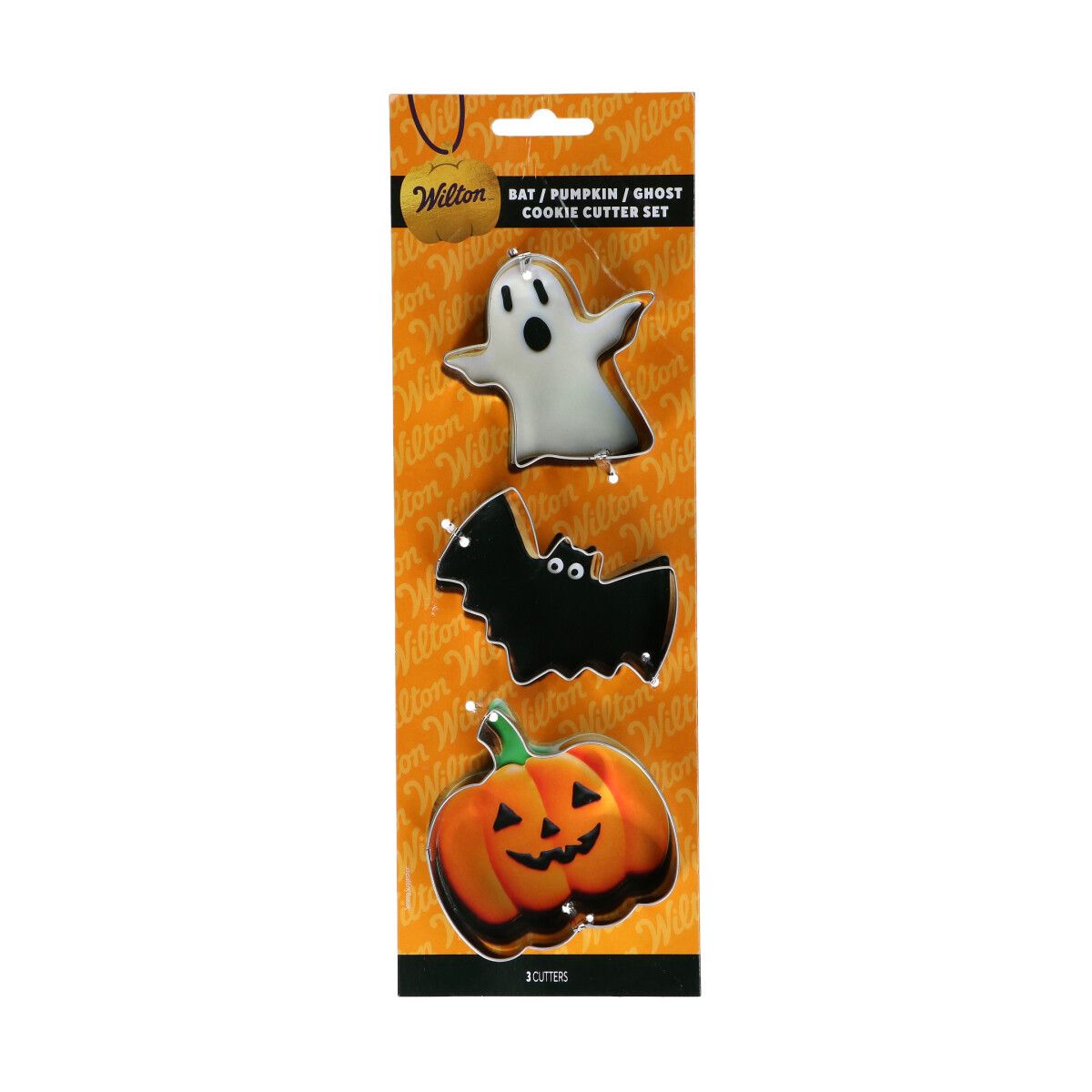 Wilton Cookie Cutter set med tre Halloween-formar i rostfritt stål: fladdermus, pumpa och spöke.
