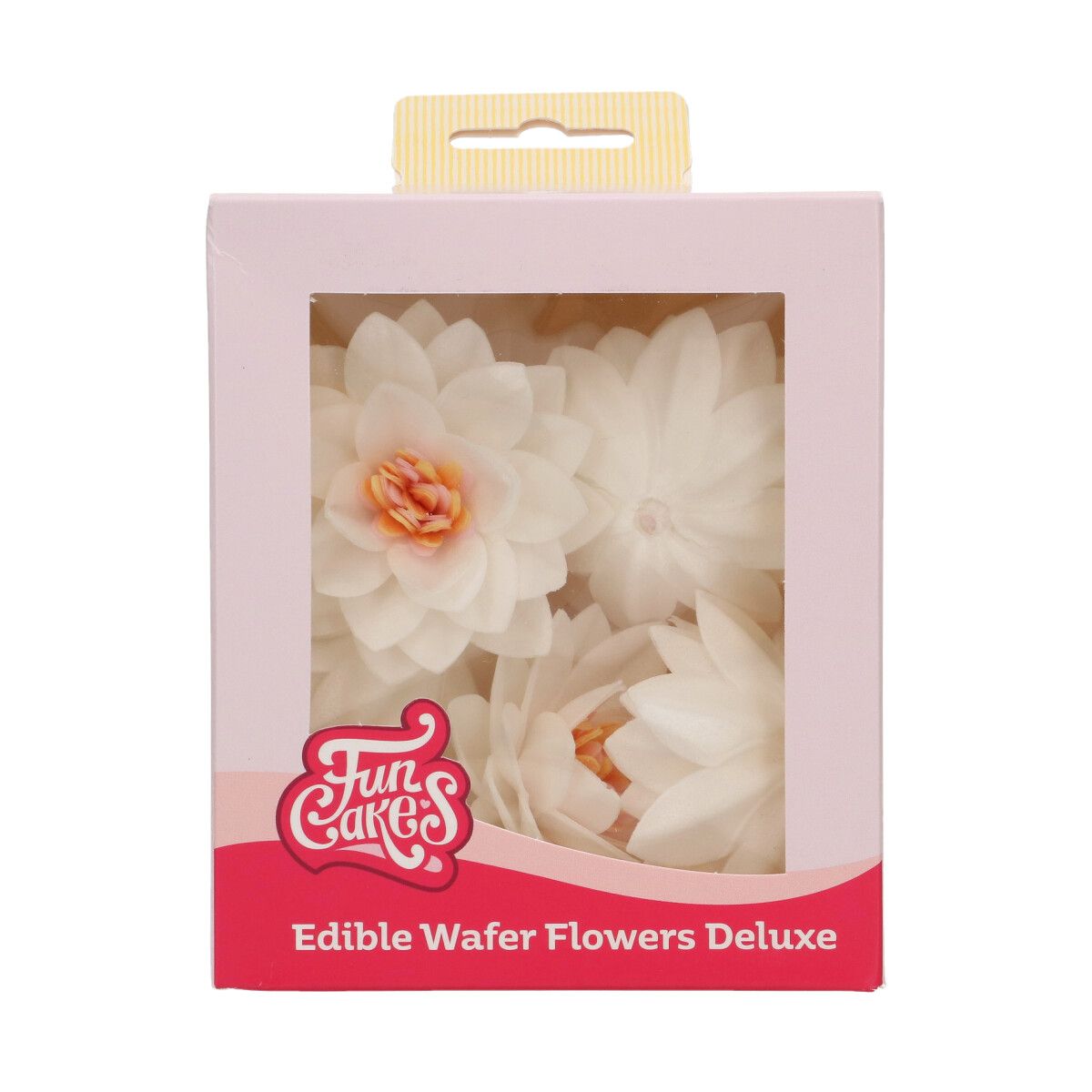 Förpackning med vita ätbara lotusblommor från FunCakes