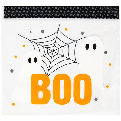 Godispåse i halloweentema med texten Boo och med 2 vita spöken samt ett spindelnät