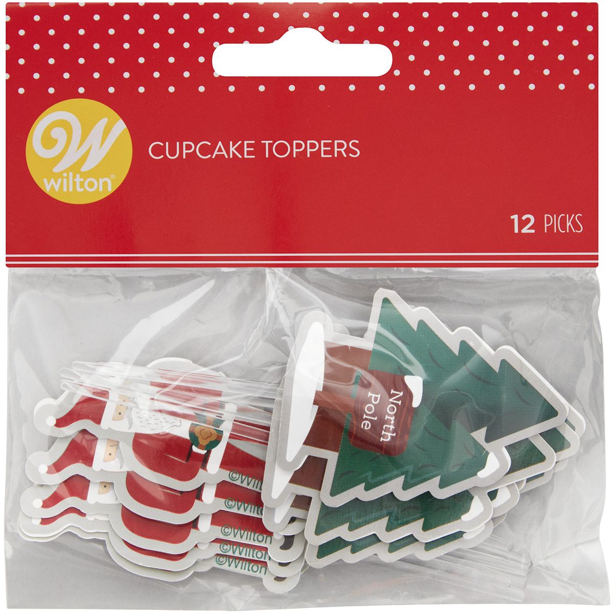 Förpackning med 12 Wilton cupcake toppers Tomte & Gran för juldekoration