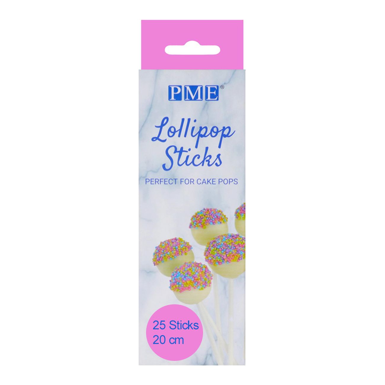 PME klubbpinnar för cake pops, 25 st vita pinnar 20 cm i förpackning.