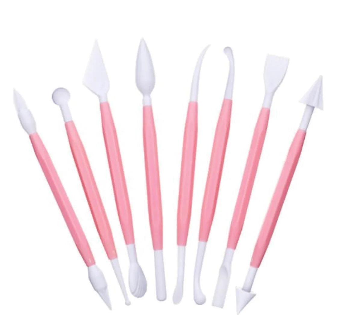 Rosa och vita modelleringsverktyg för sockerpasta och marsipan, 8 dubbelsidiga dekorationsverktyg.