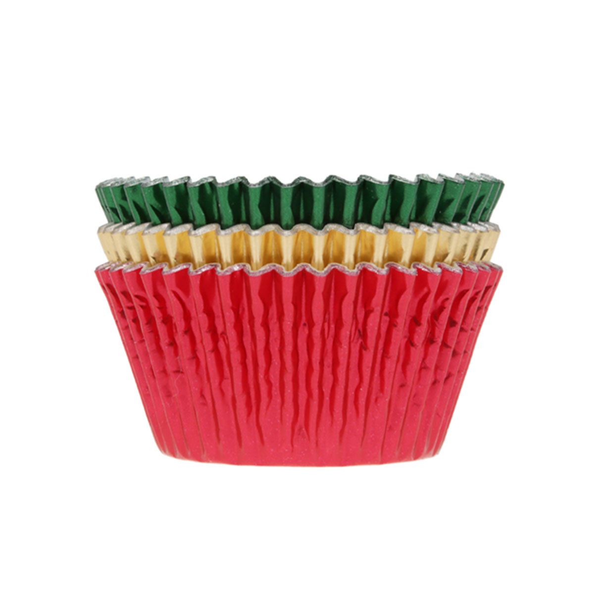 Närbild på muffinsformar Jul metallic 3-pack i skimrande färger