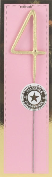 Sifferbloss i form av guldigt nummer 4 mot rosa bakgrund