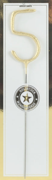 Sifferbloss i form av guldigt nummer 5 mot ljus bakgrund