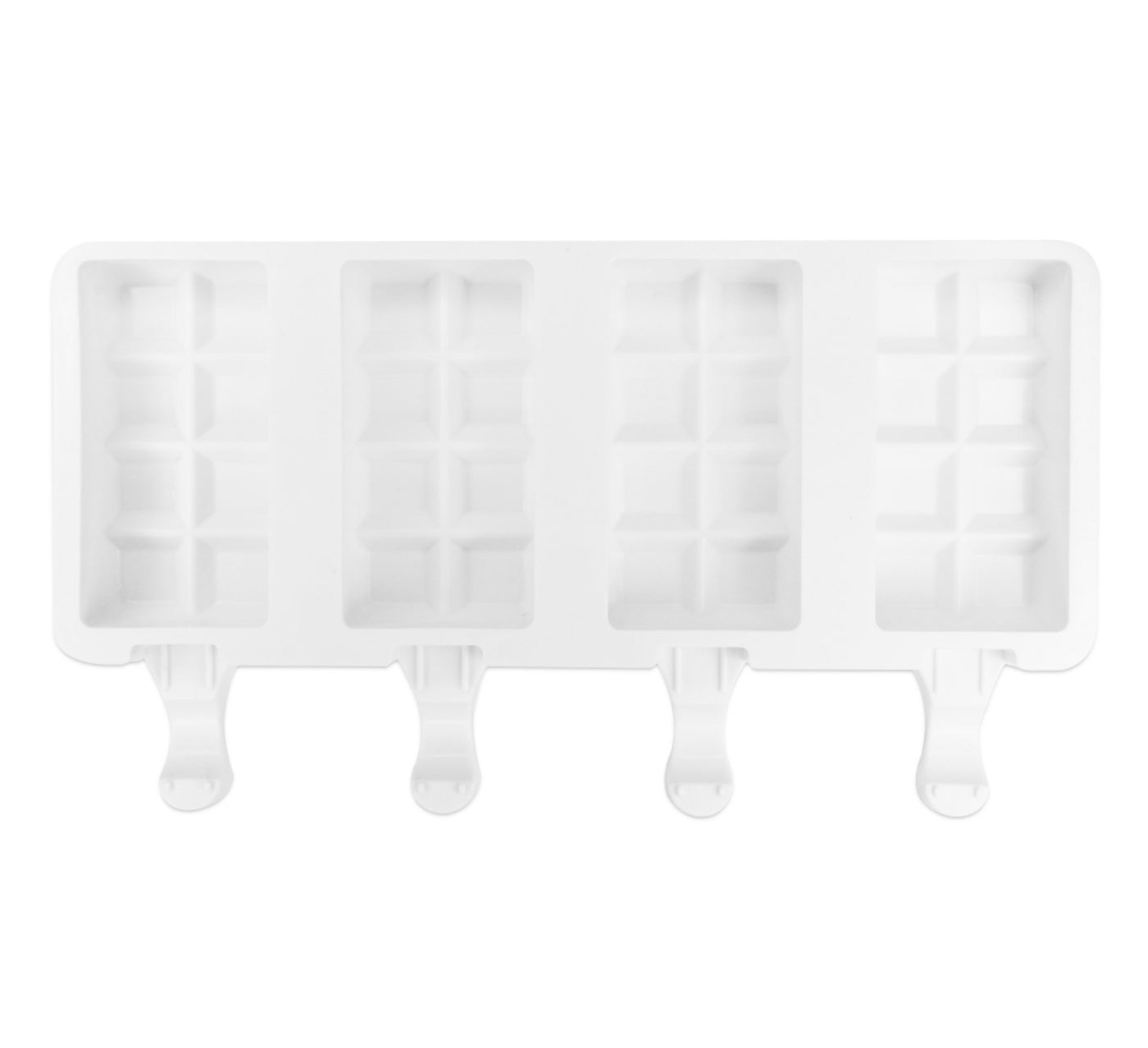 Vit silikonform med fyra små chokladkakeformar med plats för glasspinnar.