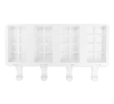 Vit silikonform med fyra små chokladkakeformar med plats för glasspinnar.