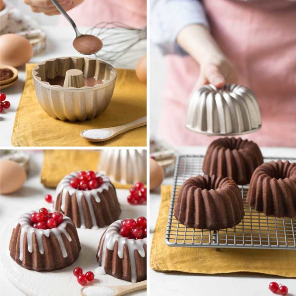 Mini sockerkaksform Carol 10 cm i champagnefärgad non-stick aluminium med bakexempel